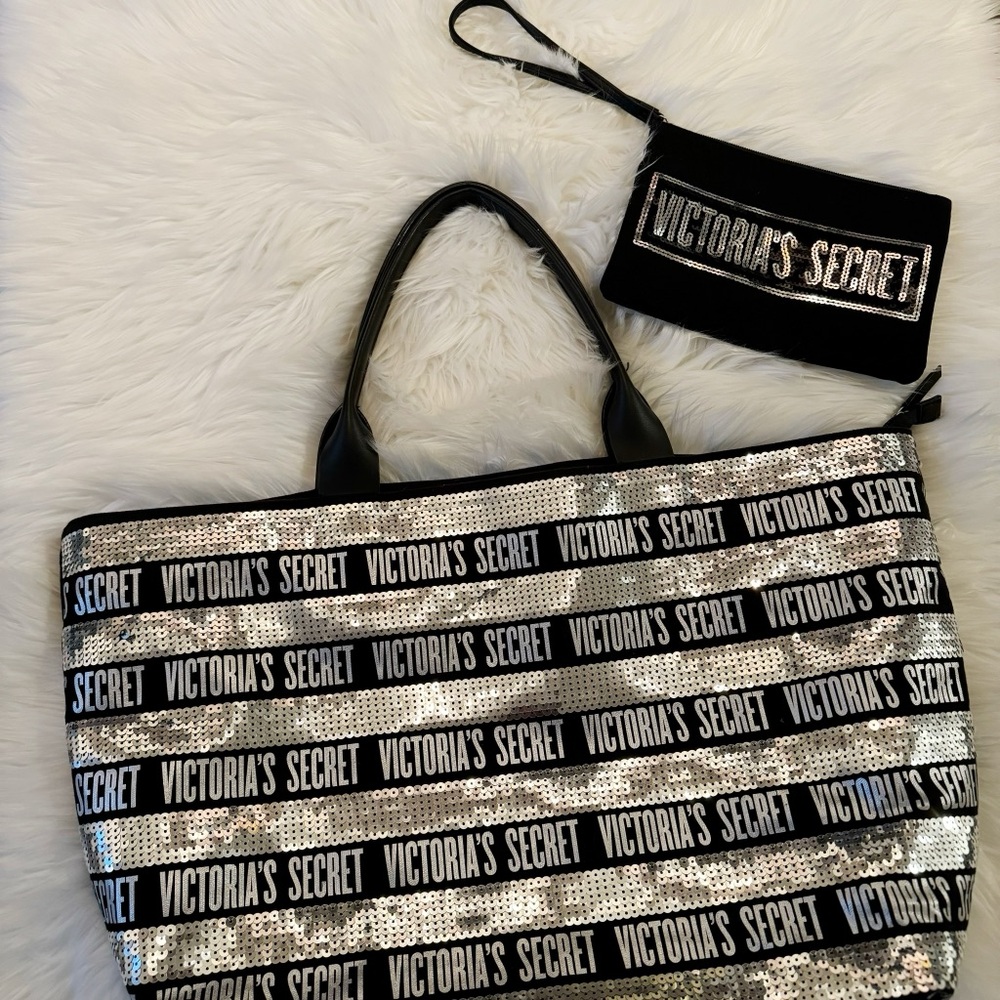 Victoria's Secret Black and Silver Sequin Tote Bag & Wristlet Bundle Set of Two